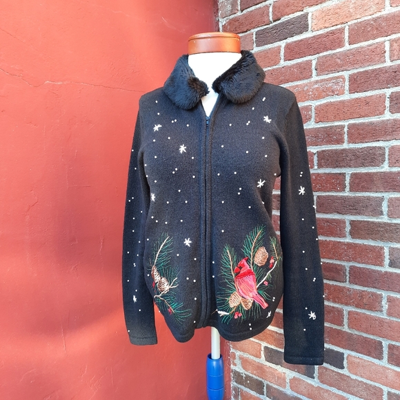 Vintage 90's Christmas Sweater Cardinals Bird Faux Fur Collar Cardigan Small - Picture 1 of 12